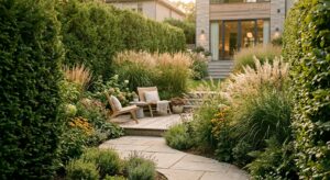 A serene, professional backyard garden featuring lush, dense hedges and tall ornamental grasses prov