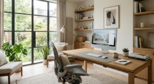 A clean, modern home office setup featuring a minimalist desk, ergonomic chair, and organized worksp