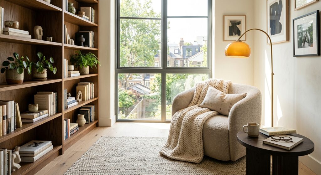 A cozy, sunlit reading nook in a modern apartment featuring a plush armchair, a soft knitted throw,