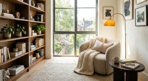 A cozy, sunlit reading nook in a modern apartment featuring a plush armchair, a soft knitted throw,