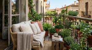 A cozy, sunlit small balcony styled with plush cushions, a soft throw blanket, hanging fairy lights,