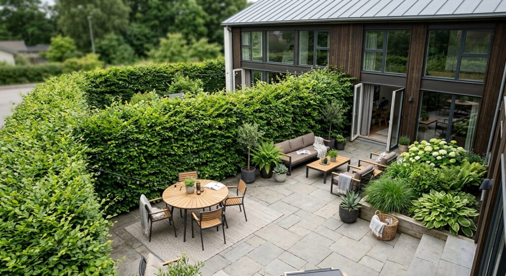 A high-angle, professional editorial shot of a lush, dense garden hedge providing a natural privacy