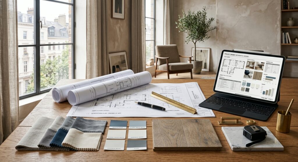 A high-end editorial shot showcasing a neatly organized renovation plan with architectural blueprint