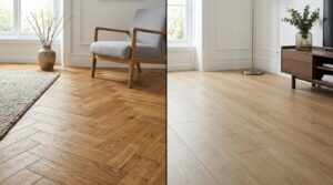 A high-end editorial split-screen composition featuring a realistic side-by-side comparison of warm,