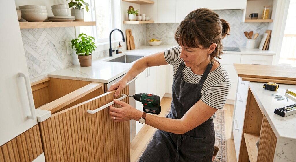 A professional, high-angle editorial shot of a person's hands using a cordless screwdriver to instal