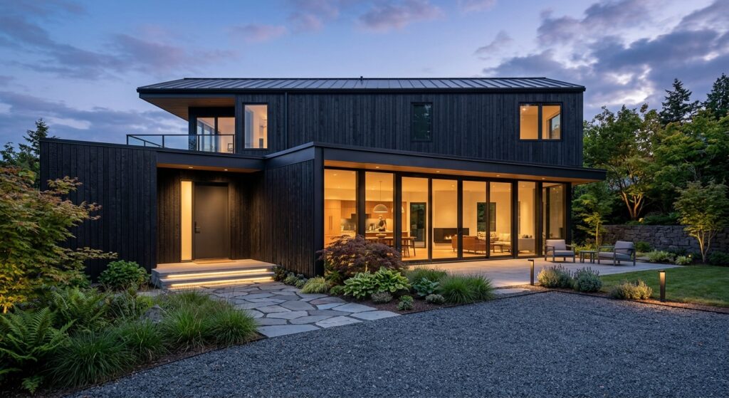 Modern exterior home renovation featuring charred timber facade, large glass doors, and a manicured