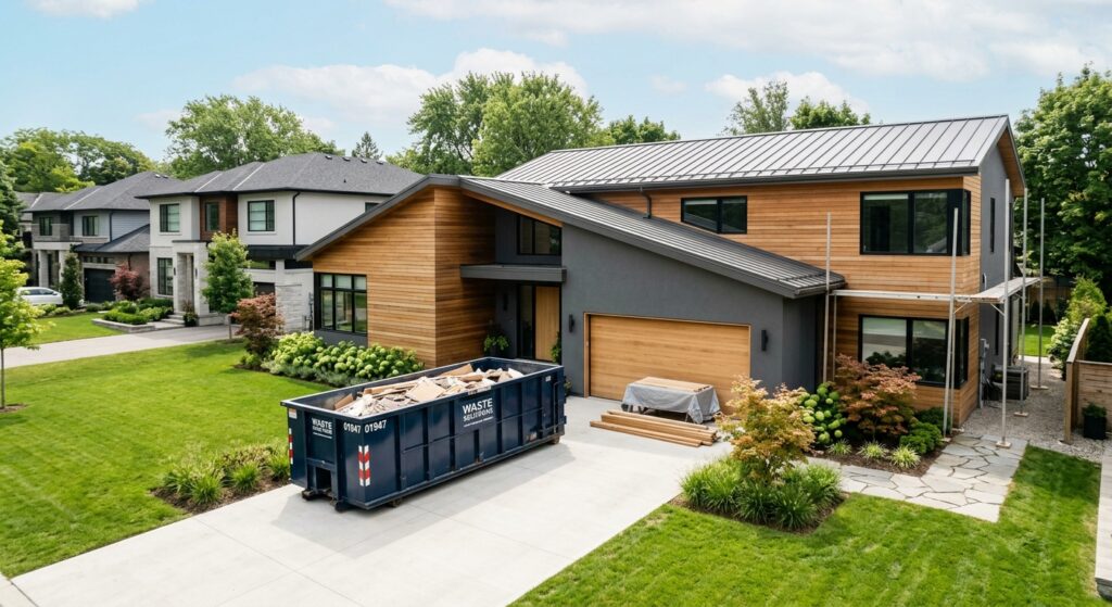 A professional, high-angle editorial photograph of a neatly placed dumpster on a clean driveway in f