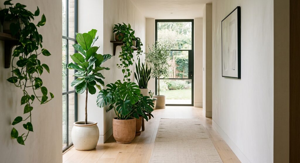 A high-end editorial interior photograph of a stylish, minimalist hallway featuring lush, vibrant gr