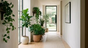 A high-end editorial interior photograph of a stylish, minimalist hallway featuring lush, vibrant gr