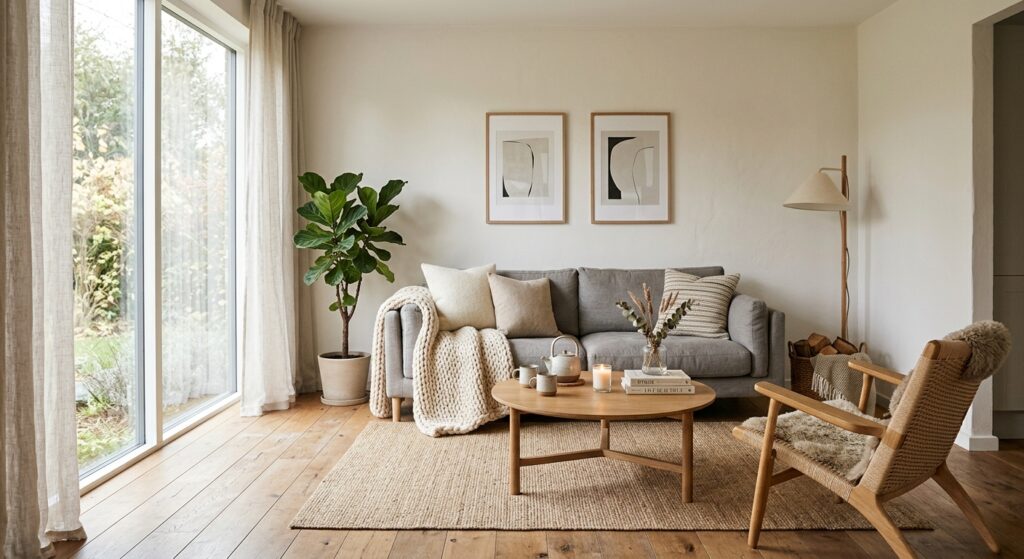 A professional, editorial-style interior photograph of a bright, minimalist Scandinavian living room