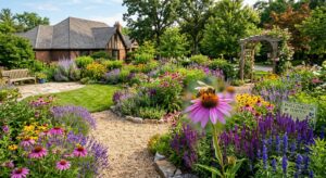 A high-angle, professional editorial shot of a vibrant, sun-drenched pollinator garden bursting with