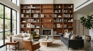 A stylish, modern living room featuring a beautifully curated floor-to-ceiling wooden bookshelf as a