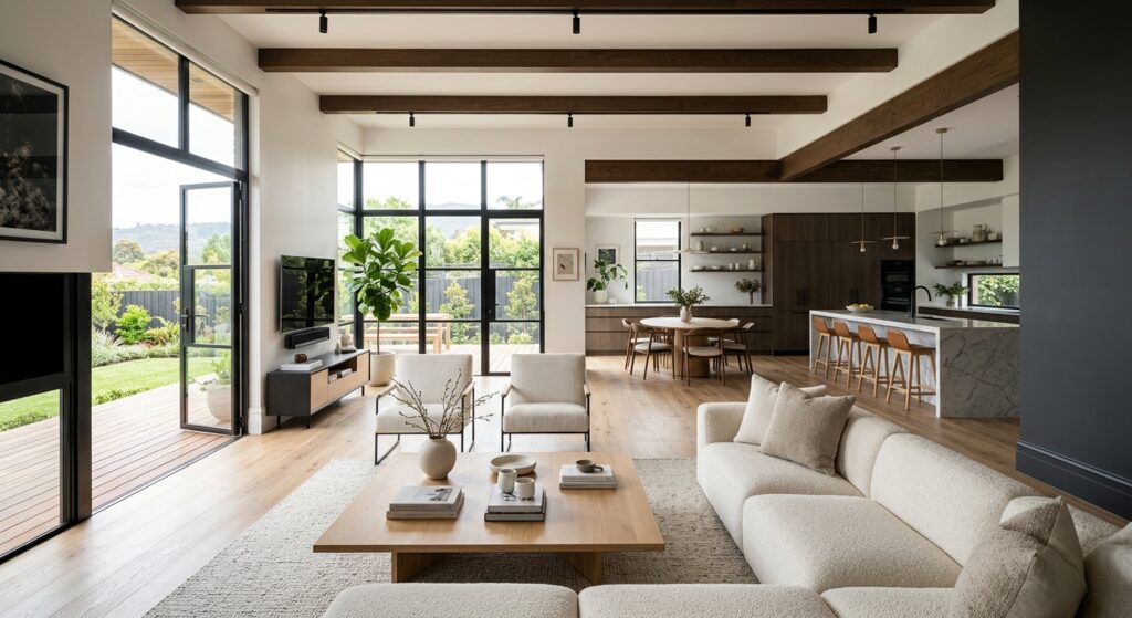 A high-end architectural photo of a spacious, light-filled modern living room interior showing an op