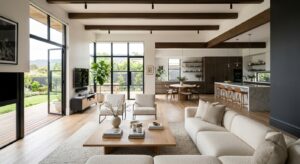 A high-end architectural photo of a spacious, light-filled modern living room interior showing an op