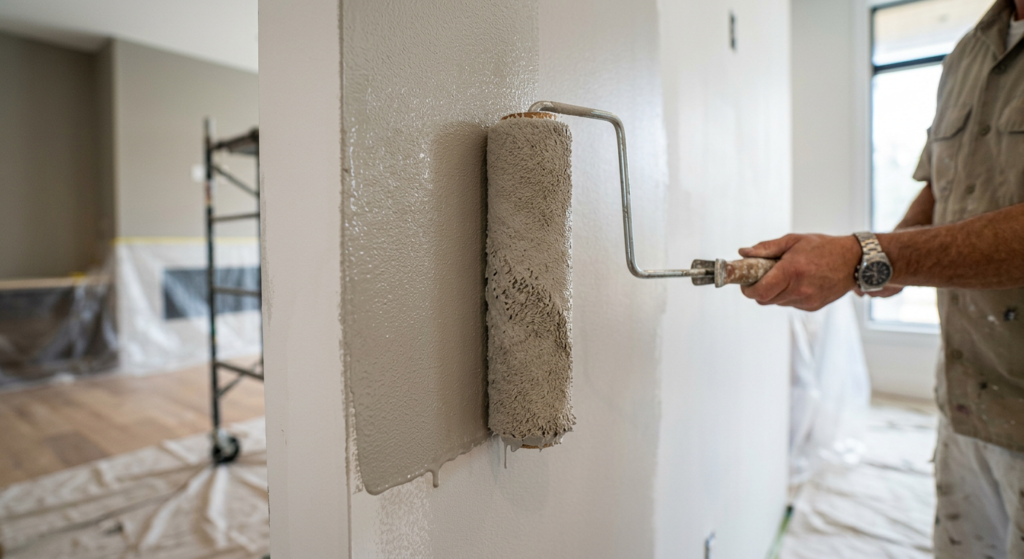 DIY home improvement concept, a close-up of a paint roller applying soft greige paint to a drywall s
