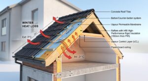 A professional cross-section 3D render of a modern house roof construction highlighting thermal insu