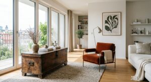 A high-end editorial interior photograph showcasing a seamless blend of a rustic antique wooden ches