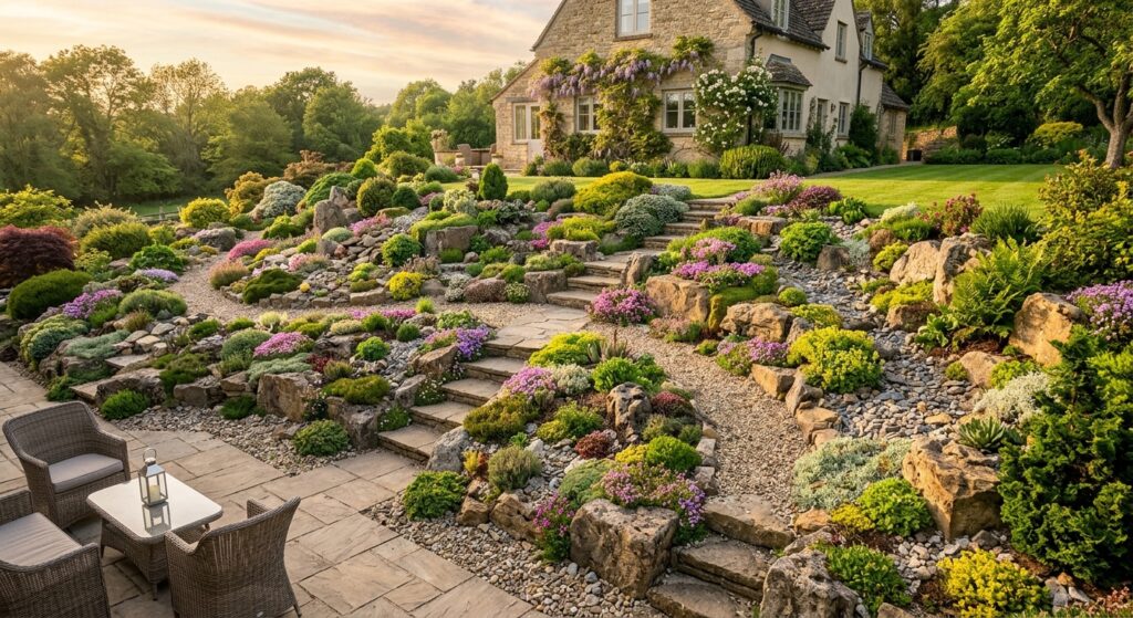 A high-angle professional editorial shot of a beautifully landscaped backyard rock garden featuring