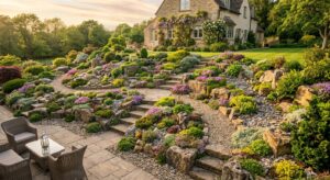 A high-angle professional editorial shot of a beautifully landscaped backyard rock garden featuring