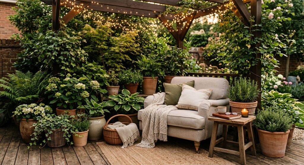 A cozy, professionally styled small garden nook featuring a comfortable armchair with soft cushions,