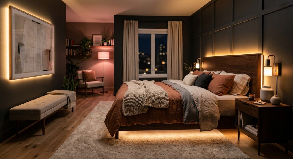 A professional, editorial-style photograph of a cozy, modern bedroom featuring warm, customizable sm