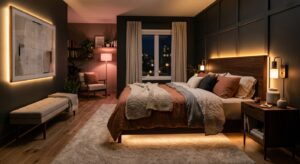 A professional, editorial-style photograph of a cozy, modern bedroom featuring warm, customizable sm