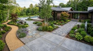 A high-angle professional architectural shot showcasing a variety of garden path and driveway surfac