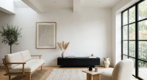 A professional interior design shot featuring a neatly plastered, smooth white wall in a modern, sun