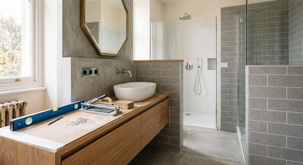A high-end, professional architectural photograph of a modern, partially finished bright bathroom re