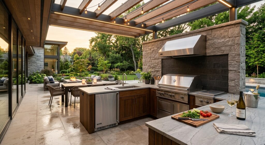A high-end, professional architectural shot of a modern outdoor kitchen on a sleek patio, featuring