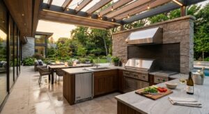 A high-end, professional architectural shot of a modern outdoor kitchen on a sleek patio, featuring