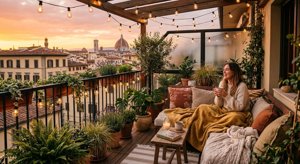 A cozy, modern apartment balcony styled with soft textiles, warm string lighting, and lush potted pl