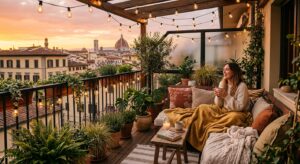 A cozy, modern apartment balcony styled with soft textiles, warm string lighting, and lush potted pl