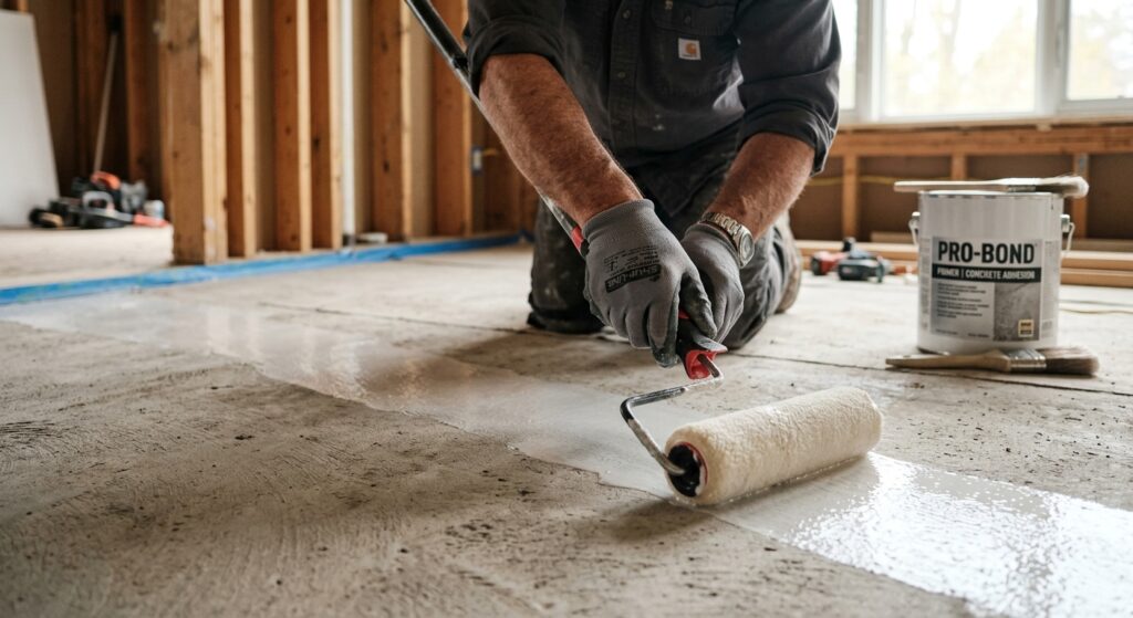 A professional close-up shot of a construction worker’s hand applying a professional bonding primer
