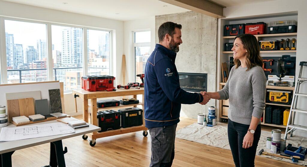 A professional editorial-style photograph featuring a homeowner and a friendly, confident contractor