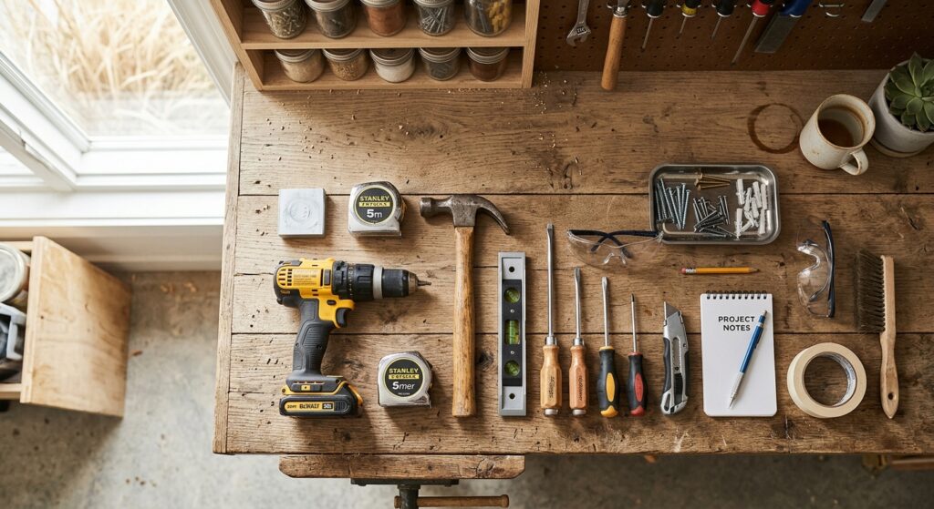A professional, high-angle editorial shot of essential DIY renovation tools neatly organized on a wo
