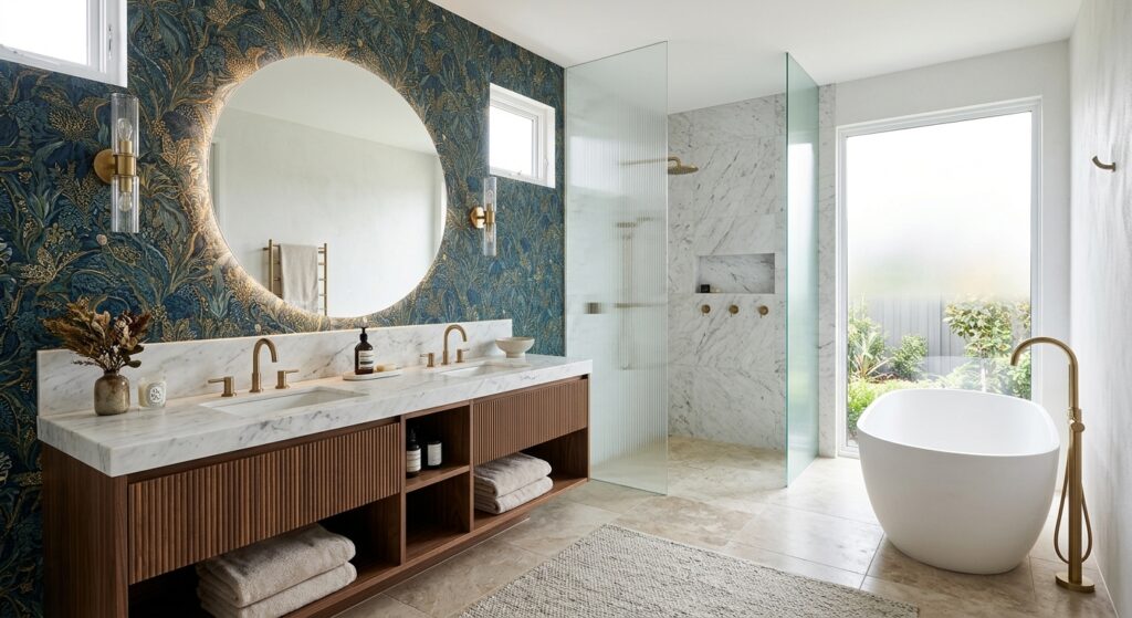 A stylish, modern bathroom interior featuring a high-end designer wallpaper on a feature wall, captu