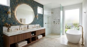 A stylish, modern bathroom interior featuring a high-end designer wallpaper on a feature wall, captu