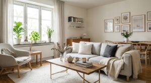 A bright, professional editorial shot of a cozy Scandinavian-style living room featuring a neutral c