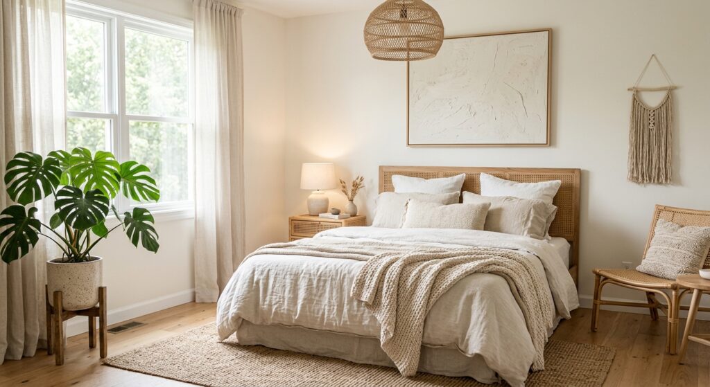 Bright and airy bedroom design with neutral color palette, textured bedding, rattan decor accents, a